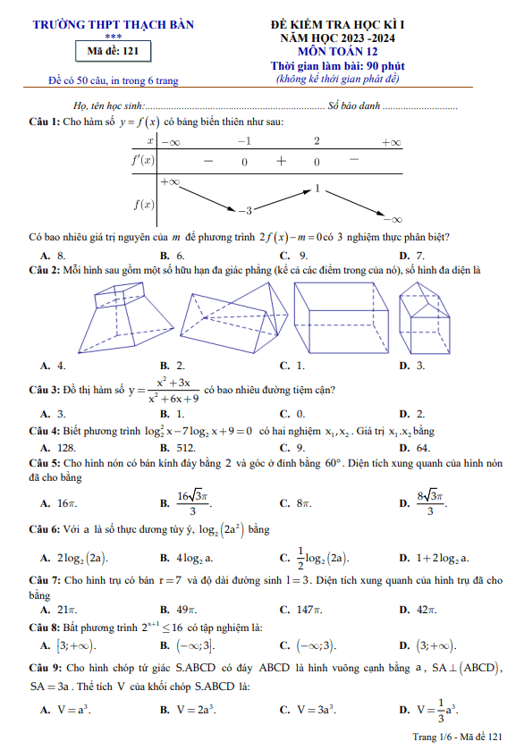 đề học kì 1 toán 12 năm 2023 – 2024 trường thpt thạch bàn – hà nội