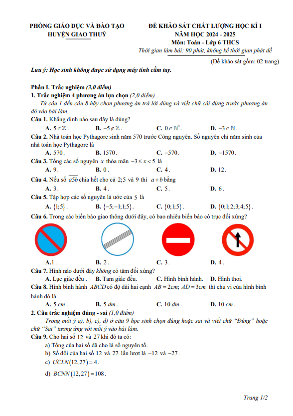 đề học kì 1 toán 6 năm 2024 – 2025 phòng gd&đt giao thủy – nam định