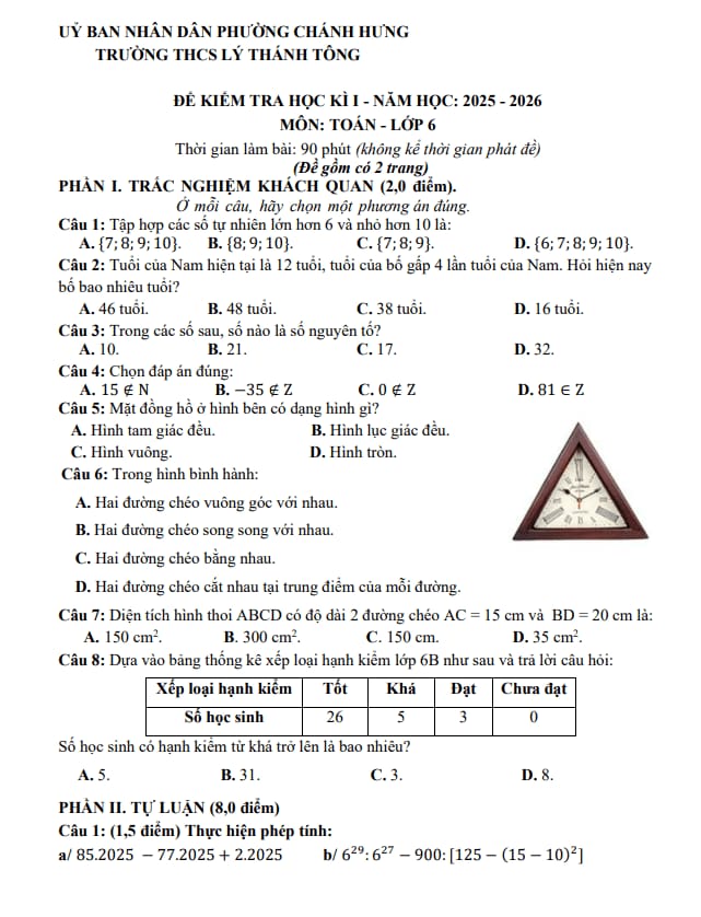 đề học kì 1 toán 6 năm 2025 – 2026 trường thcs lý thánh tông – tp hcm