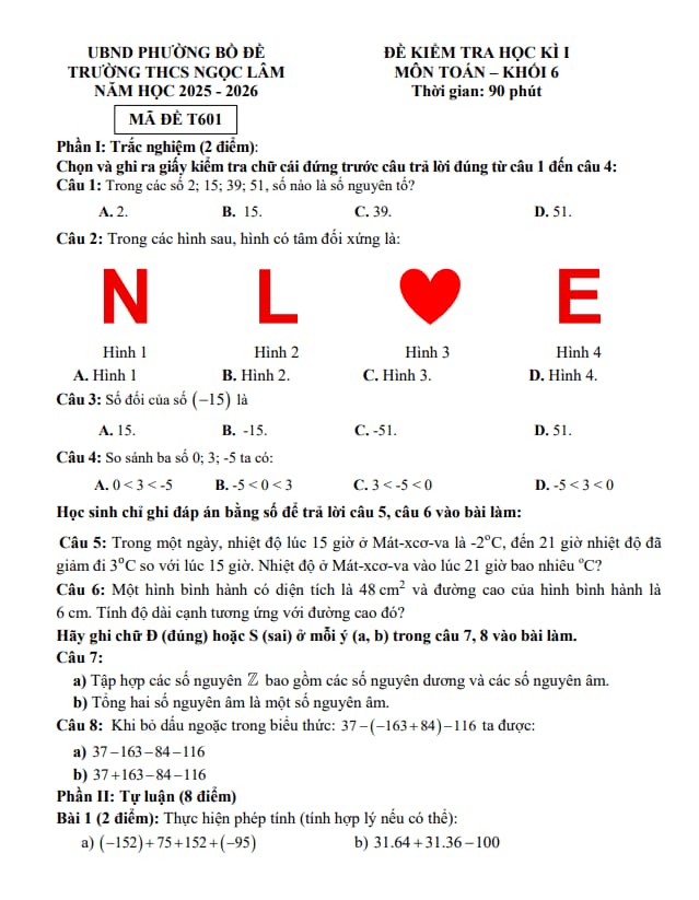 đề học kì 1 toán 6 năm 2025 – 2026 trường thcs ngọc lâm – hà nội