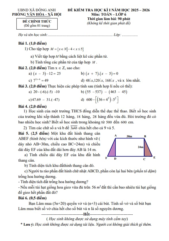 đề học kì 1 toán 6 năm 2025 – 2026 xã đông anh – hà nội