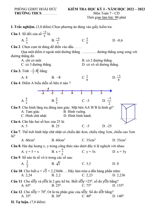 đề học kì 1 toán 7 cd năm 2022 – 2023 phòng gd&đt hoài đức – hà nội
