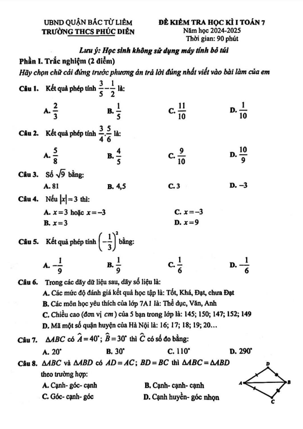 đề học kì 1 toán 7 năm 2024 – 2025 trường thcs phúc diễn – hà nội