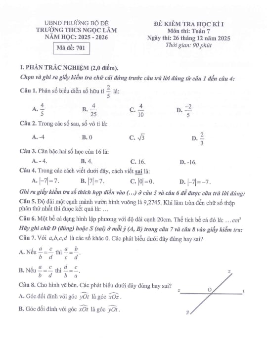 đề học kì 1 toán 7 năm 2025 – 2026 trường thcs ngọc lâm – hà nội