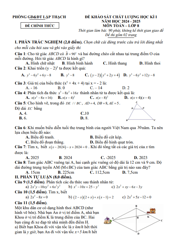 đề học kì 1 toán 8 năm 2024 – 2025 phòng gd&đt lập thạch – vĩnh phúc
