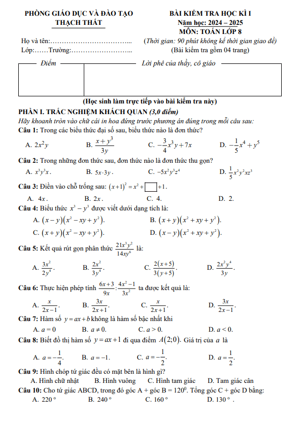 đề học kì 1 toán 8 năm 2024 – 2025 phòng gd&đt thạch thất – hà nội