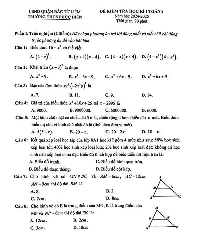 đề học kì 1 toán 8 năm 2024 – 2025 trường thcs phúc diễn – hà nội