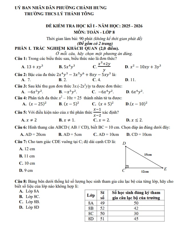 đề học kì 1 toán 8 năm 2025 – 2026 trường thcs lý thánh tông – tp hcm