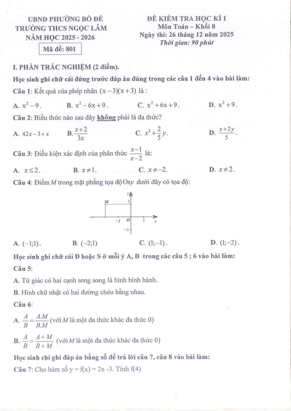 đề học kì 1 toán 8 năm 2025 – 2026 trường thcs ngọc lâm – hà nội