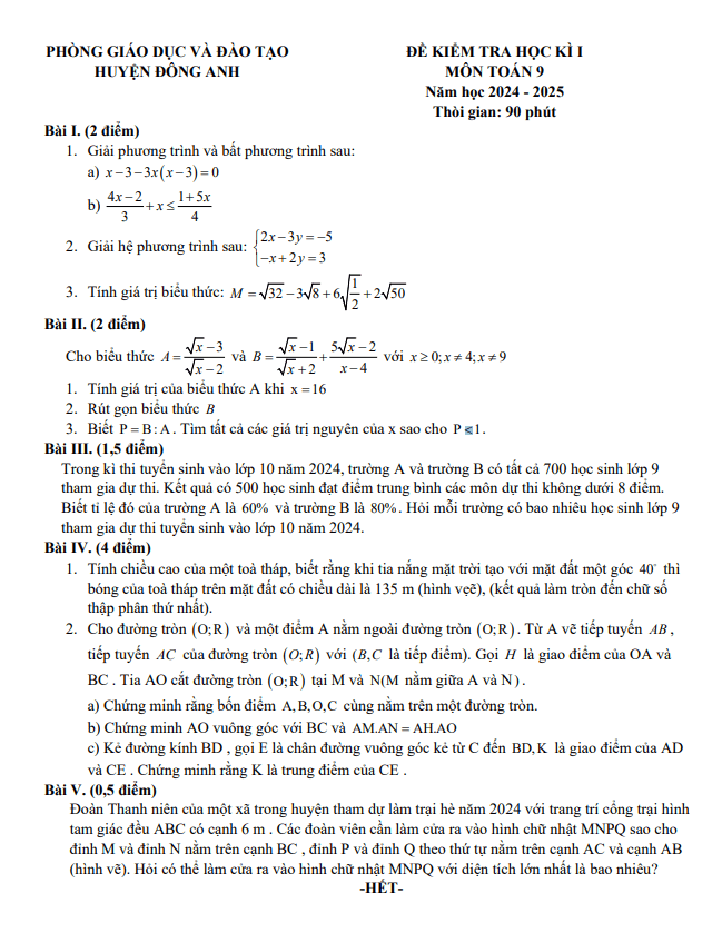đề học kì 1 toán 9 năm 2024 – 2025 phòng gd&đt đông anh – hà nội