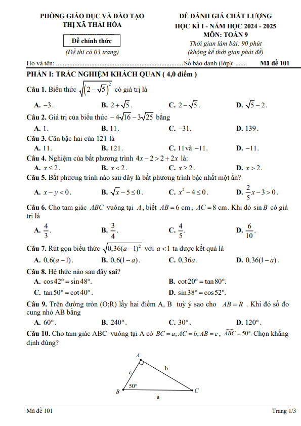 đề học kì 1 toán 9 năm 2024 – 2025 phòng gd&đt thái hòa – nghệ an