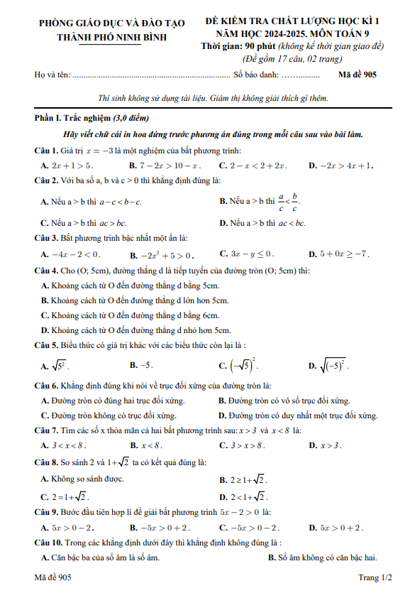 đề học kì 1 toán 9 năm 2024 – 2025 phòng gd&đt thành phố ninh bình