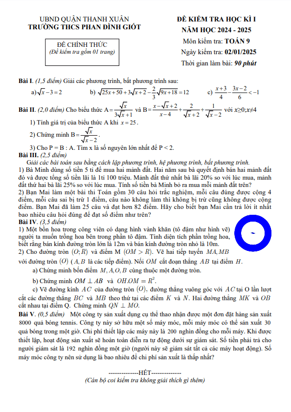 đề học kì 1 toán 9 năm 2024 – 2025 trường thcs phan đình giót – hà nội
