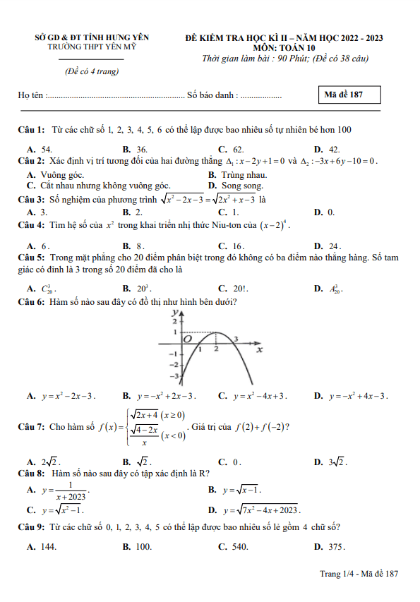 đề học kì 2 toán 10 năm 2022 – 2023 trường thpt yên mỹ – hưng yên