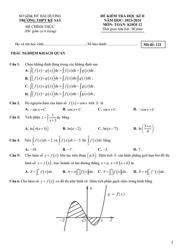 đề học kì 2 toán 12 năm 2023 – 2024 trường thpt kẻ sặt – hải dương