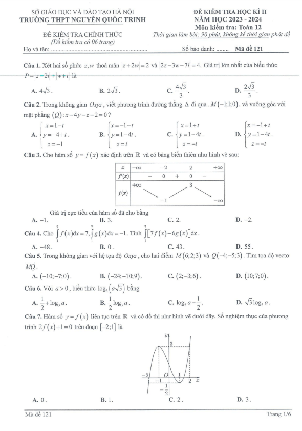 đề học kì 2 toán 12 năm 2023 – 2024 trường thpt nguyễn quốc trinh – hà nội