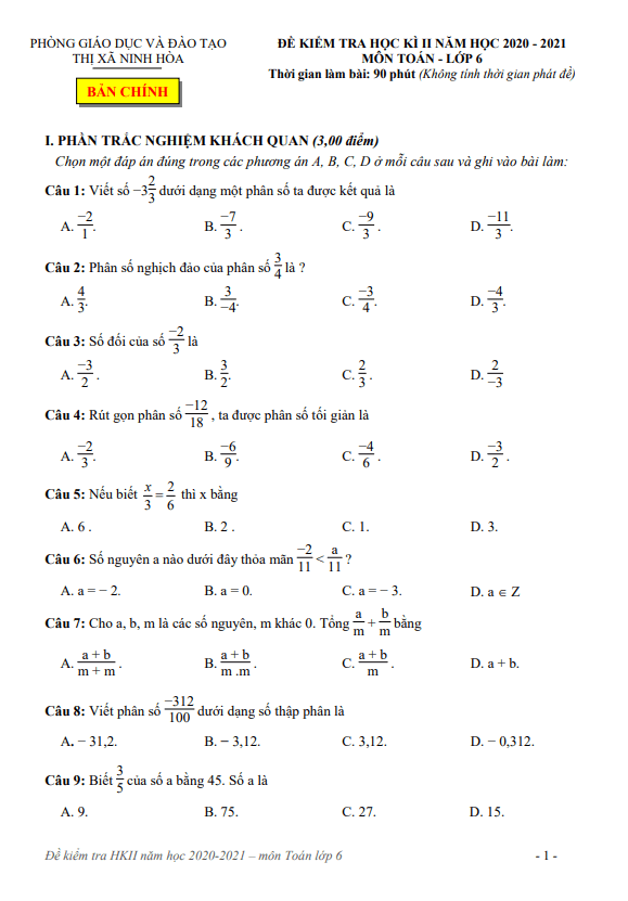 đề học kì 2 toán 6 năm 2020 – 2021 phòng gd&đt thị xã ninh hòa – khánh hòa
