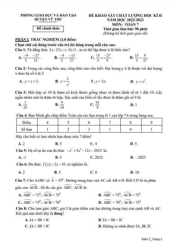 đề học kì 2 toán 7 năm 2022 – 2023 phòng gd&đt vũ thư – thái bình