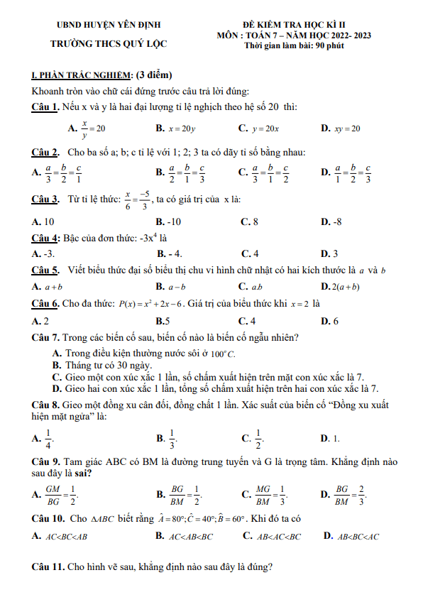 đề học kì 2 toán 7 năm 2022 – 2023 trường thcs quý lộc – thanh hoá