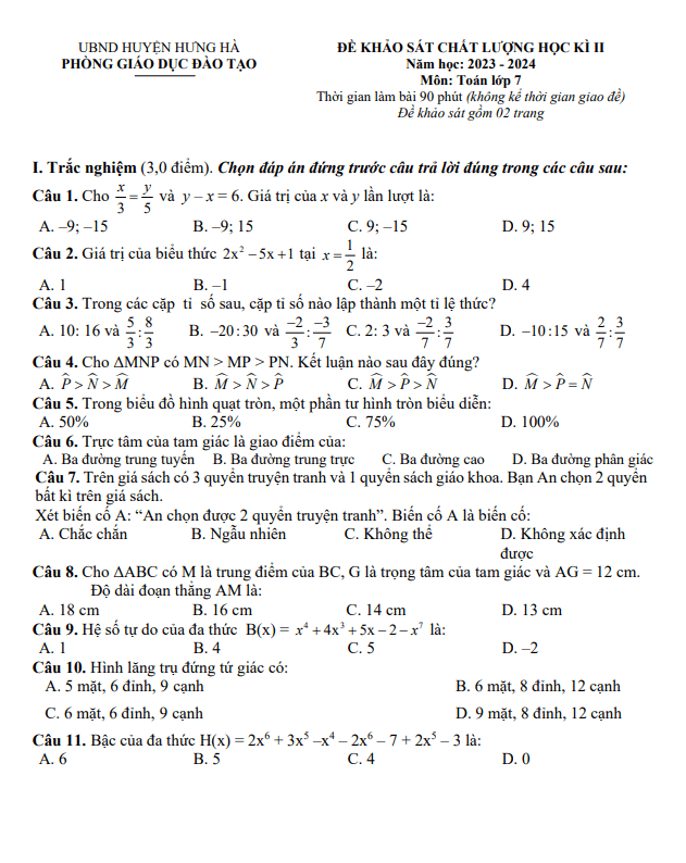 đề học kì 2 toán 7 năm 2023 – 2024 phòng gd&đt hưng hà – thái bình