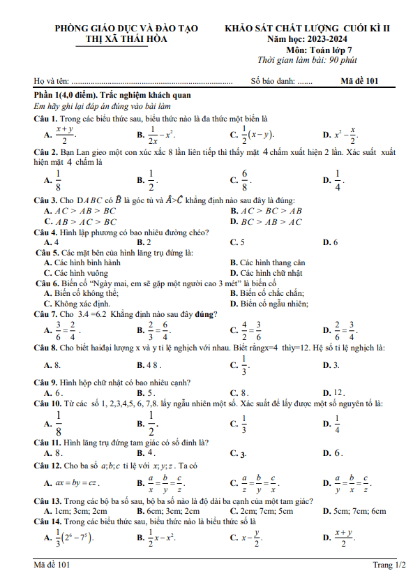 đề học kì 2 toán 7 năm 2023 – 2024 phòng gd&đt thái hòa – nghệ an