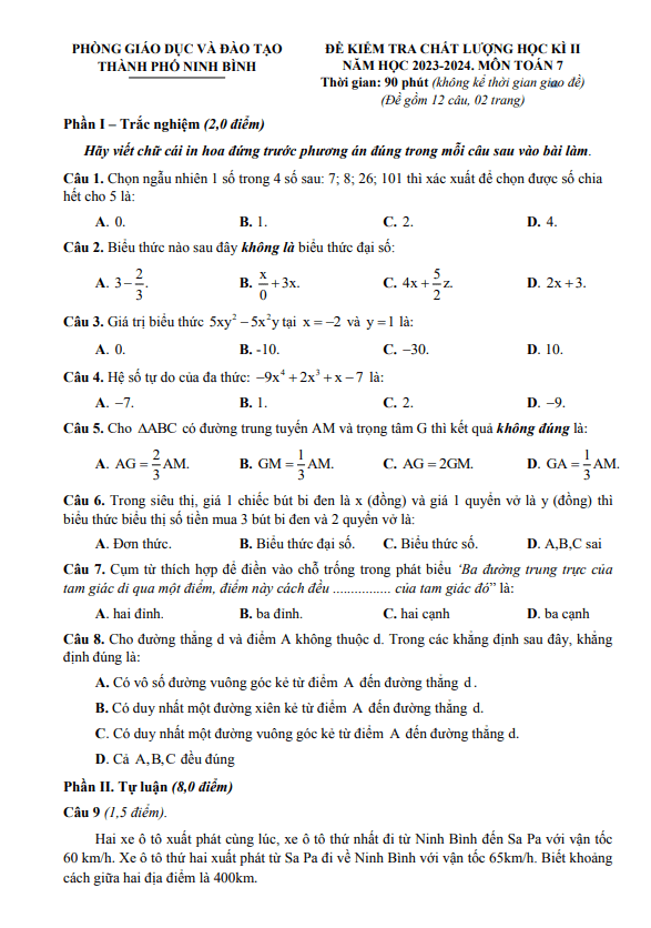 đề học kì 2 toán 7 năm 2023 – 2024 phòng gd&đt thành phố ninh bình