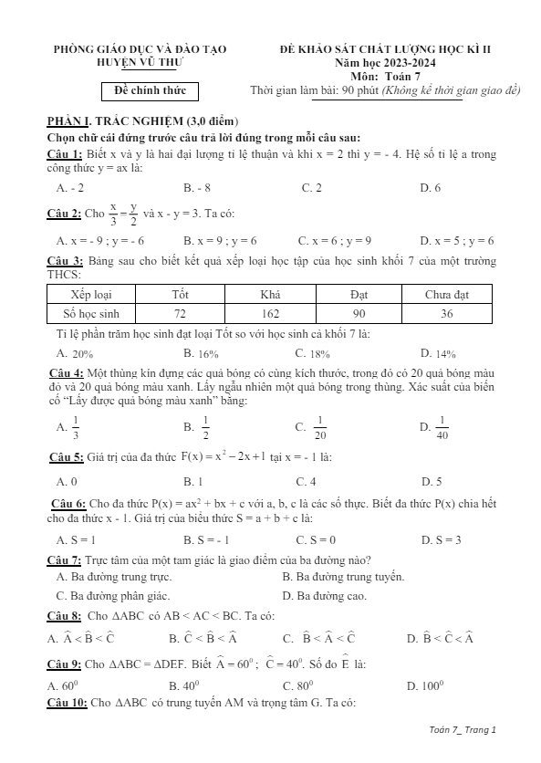 đề học kì 2 toán 7 năm 2023 – 2024 phòng gd&đt vũ thư – thái bình