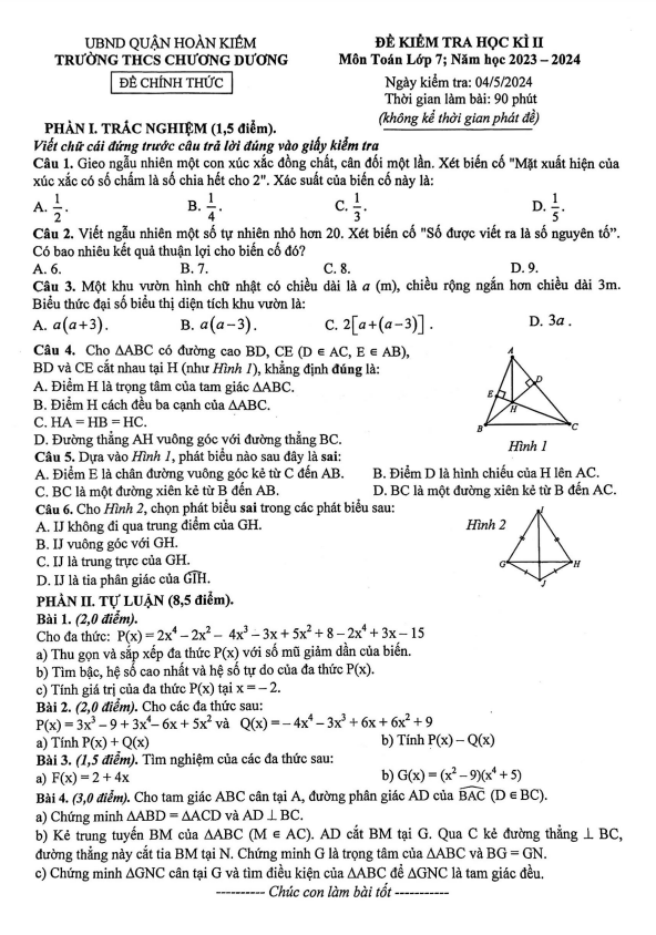 đề học kì 2 toán 7 năm 2023 – 2024 trường thcs chương dương – hà nội