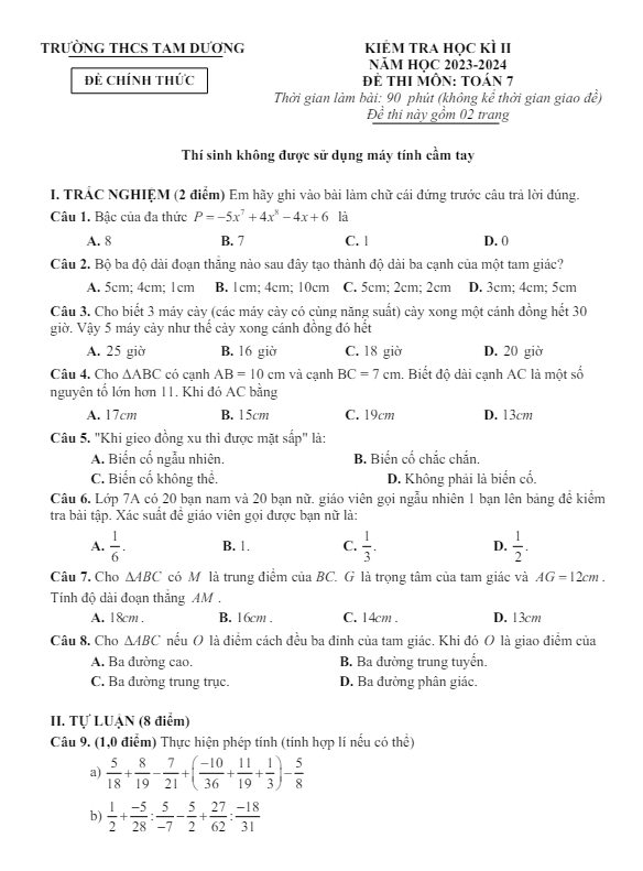 đề học kì 2 toán 7 năm 2023 – 2024 trường thcs tam dương – vĩnh phúc