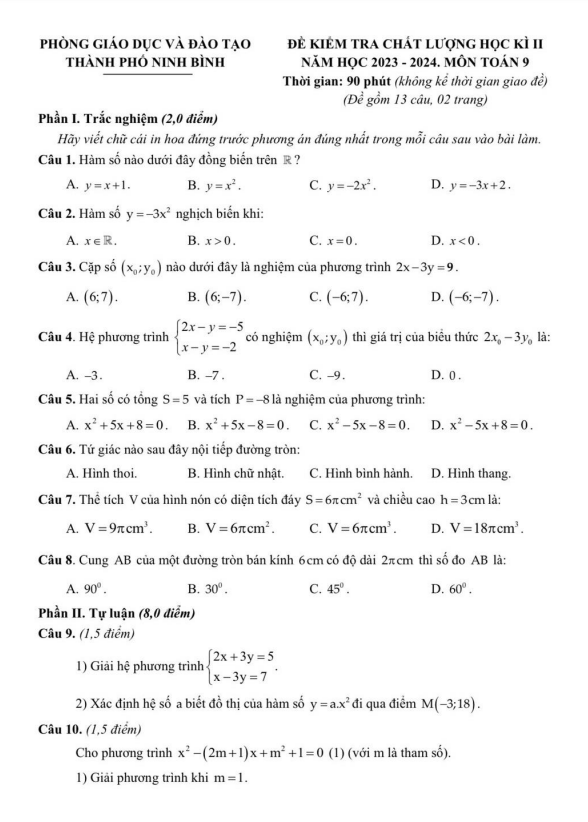 đề học kì 2 toán 9 năm 2023 – 2024 phòng gd&đt thành phố ninh bình