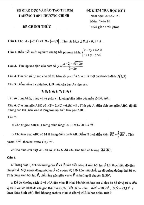 đề học kỳ 1 toán 10 năm 2022 – 2023 trường thpt trường chinh – tp hcm
