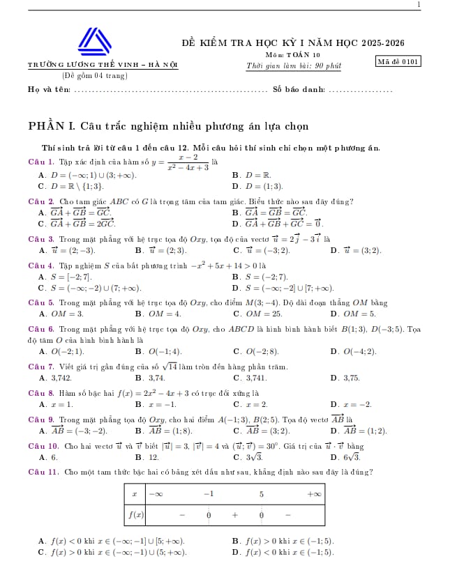 đề học kỳ 1 toán 10 năm 2025 – 2026 trường lương thế vinh – hà nội