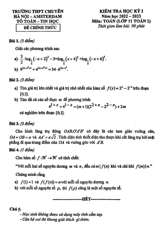 đề học kỳ 1 toán 11 (chuyên) năm 2022 – 2023 trường chuyên hà nội – amsterdam