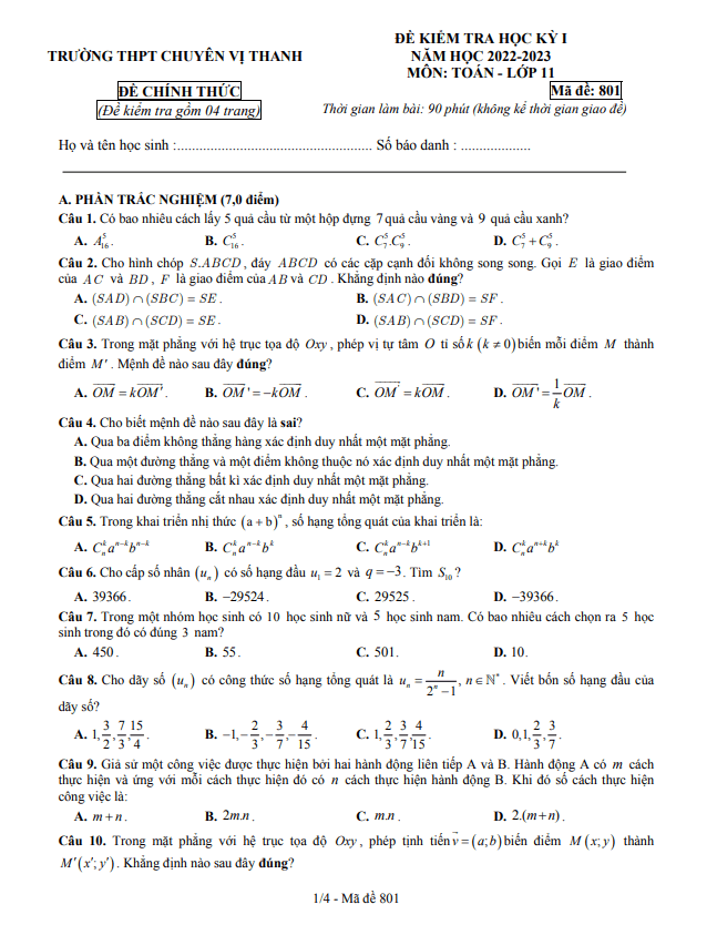 đề học kỳ 1 toán 11 năm 2022 – 2023 trường chuyên vị thanh – hậu giang