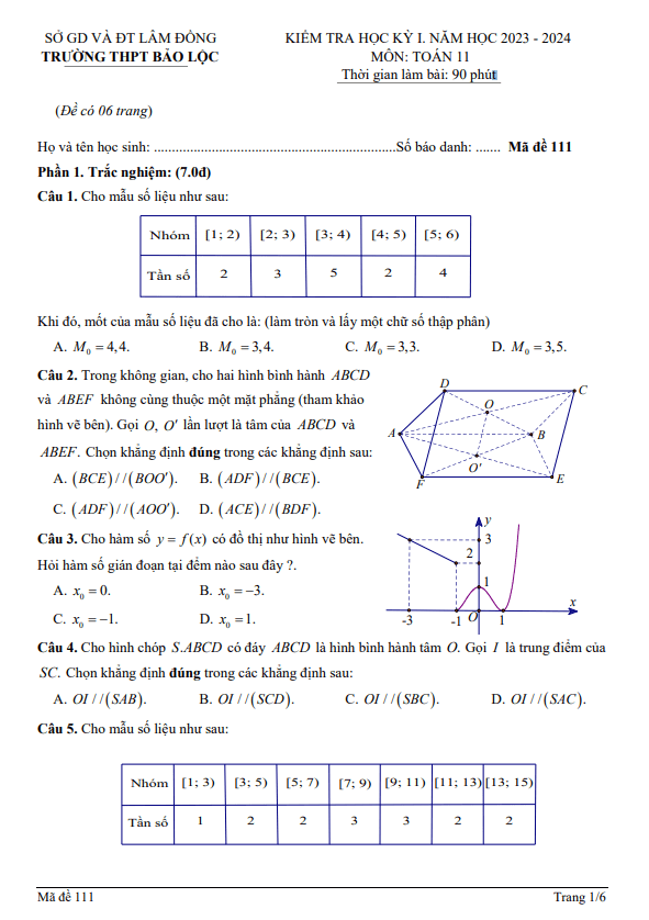 đề học kỳ 1 toán 11 năm 2023 – 2024 trường thpt bảo lộc – lâm đồng