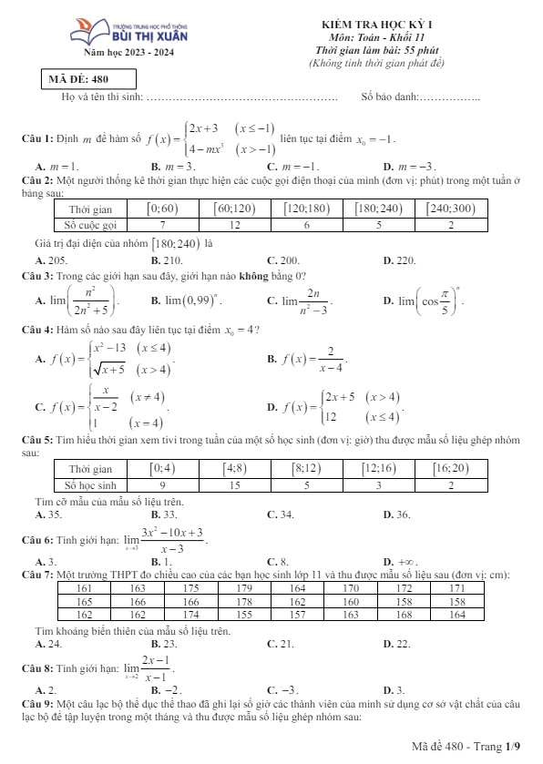 đề học kỳ 1 toán 11 năm 2023 – 2024 trường thpt bùi thị xuân – tp hcm