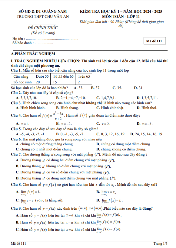 đề học kỳ 1 toán 11 năm 2024 – 2025 trường thpt chu văn an – quảng nam