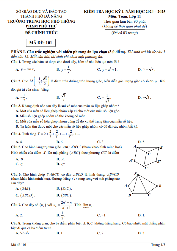đề học kỳ 1 toán 11 năm 2024 – 2025 trường thpt phạm phú thứ – đà nẵng