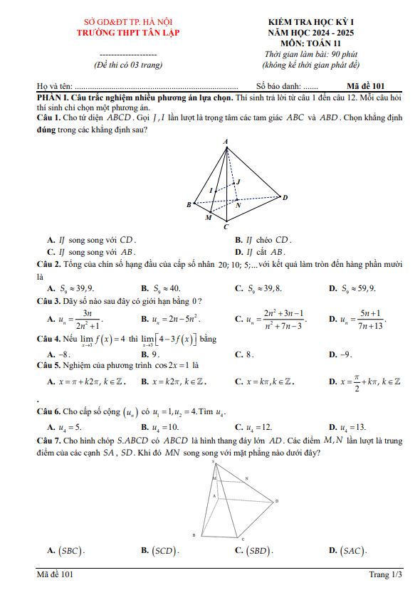 đề học kỳ 1 toán 11 năm 2024 – 2025 trường thpt tân lập – hà nội