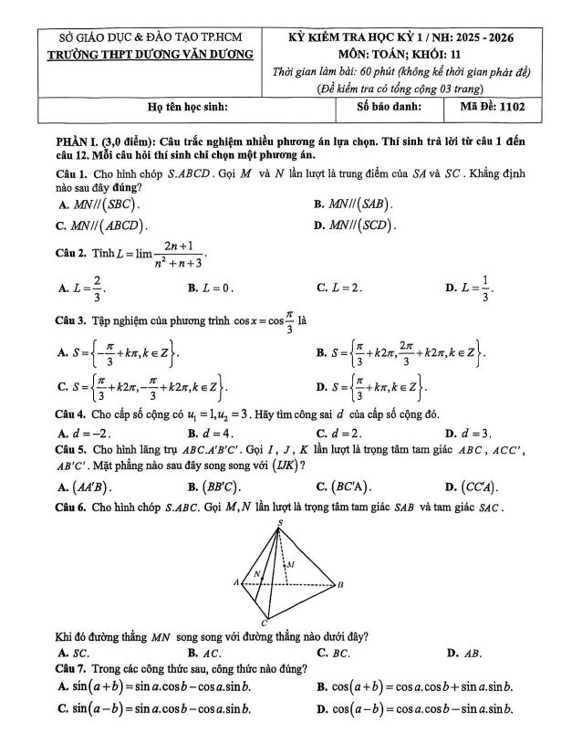 đề học kỳ 1 toán 11 năm 2025 – 2026 trường thpt dương văn dương – tp hcm