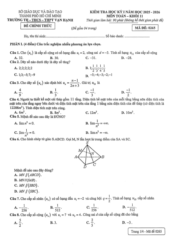 đề học kỳ 1 toán 11 năm 2025 – 2026 trường vạn hạnh – tp hcm