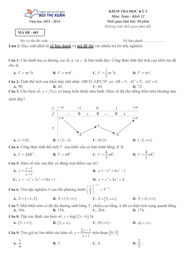 đề học kỳ 1 toán 12 năm 2023 – 2024 trường thpt bùi thị xuân – tp hcm