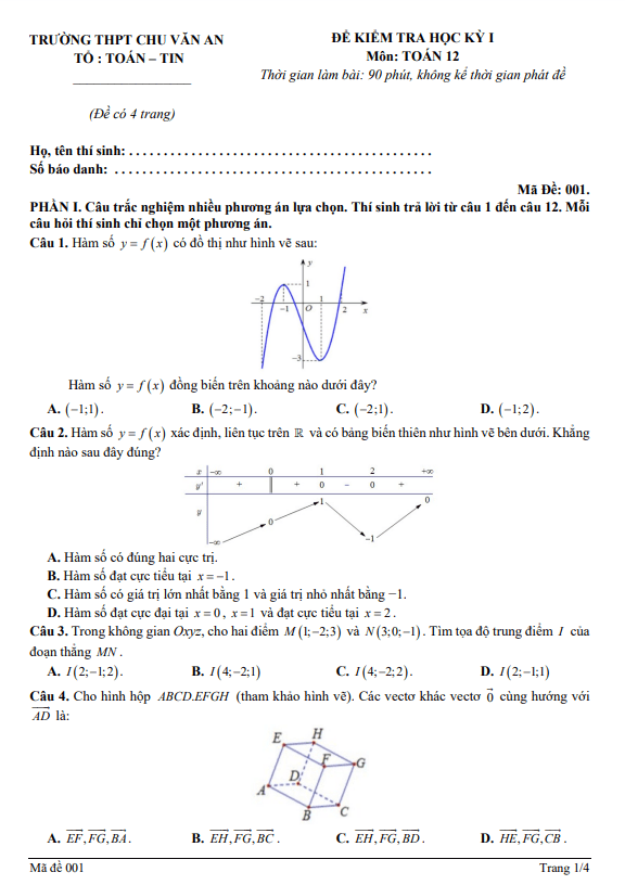 đề học kỳ 1 toán 12 năm 2024 – 2025 trường thpt chu văn an – quảng nam