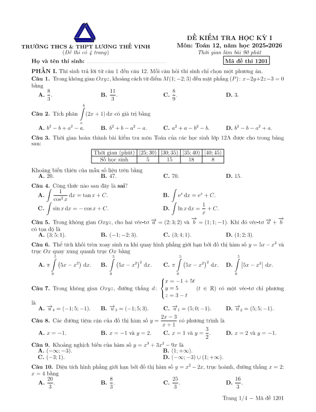 đề học kỳ 1 toán 12 năm 2025 – 2026 trường lương thế vinh – hà nội