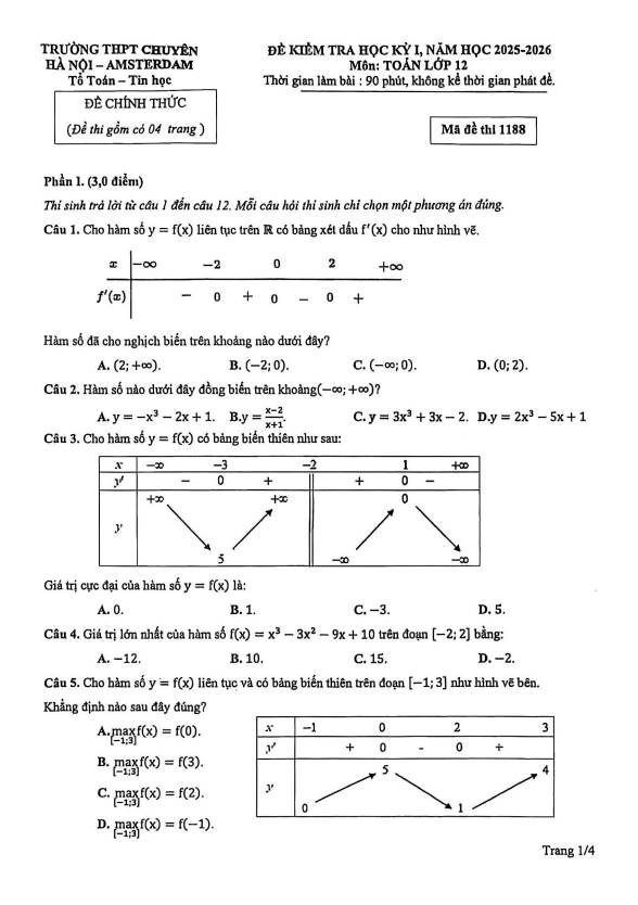 đề học kỳ 1 toán 12 năm 2025 – 2026 trường thpt chuyên hà nội – amsterdam