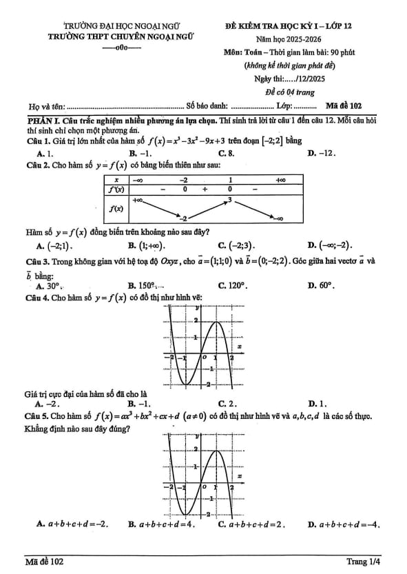 đề học kỳ 1 toán 12 năm 2025 – 2026 trường thpt chuyên ngoại ngữ – hà nội