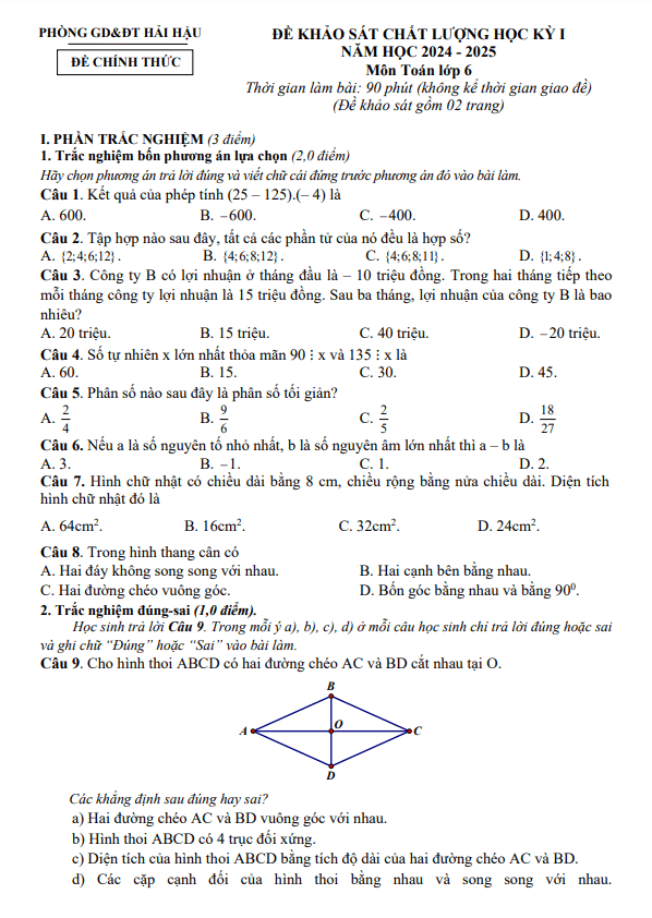 đề học kỳ 1 toán 6 năm 2024 – 2025 phòng gd&đt hải hậu – nam định