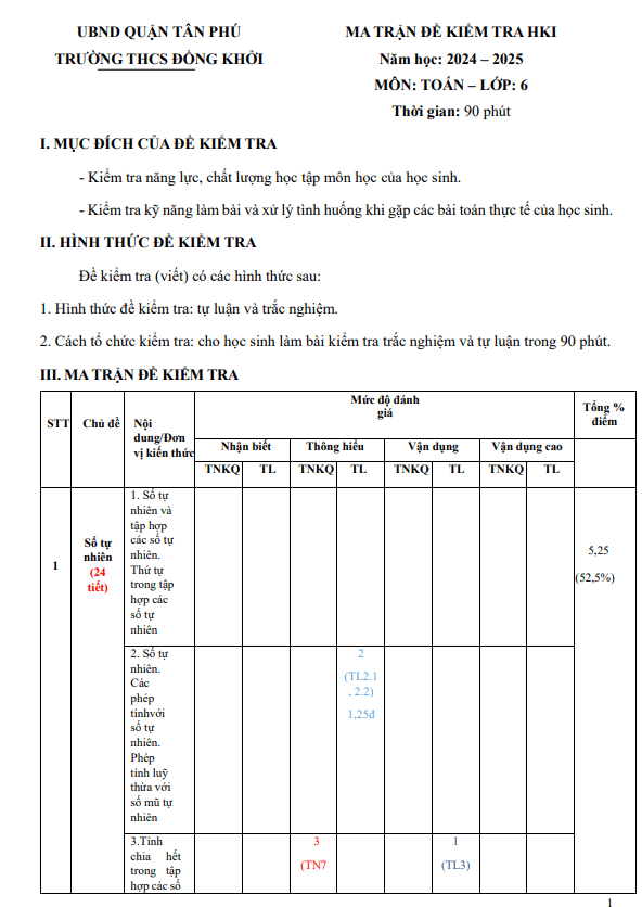 đề học kỳ 1 toán 6 năm 2024 – 2025 trường thcs đồng khởi – tp hcm