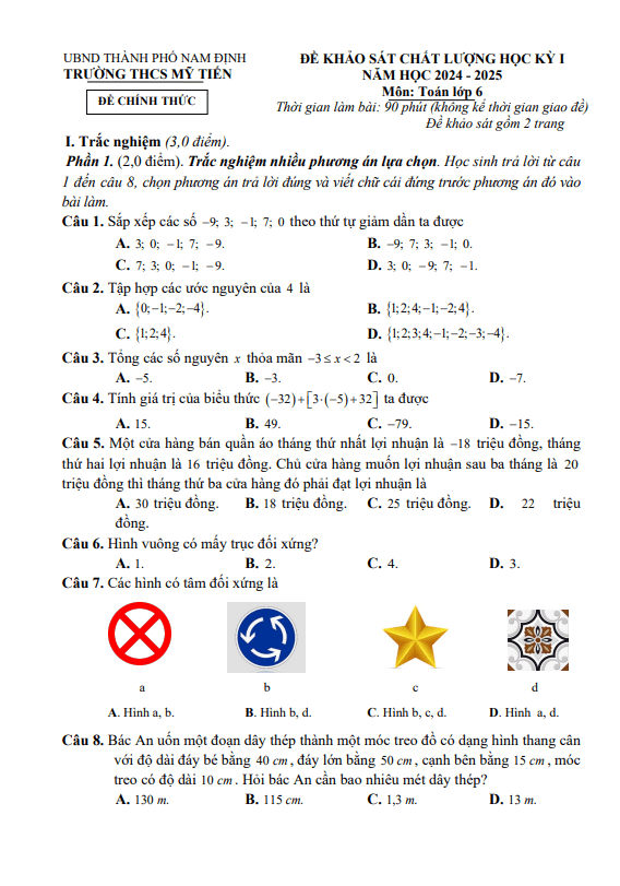 đề học kỳ 1 toán 6 năm 2024 – 2025 trường thcs mỹ tiến – nam định