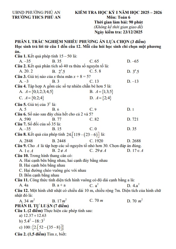 đề học kỳ 1 toán 6 năm 2025 – 2026 trường thcs phú an – tp hcm